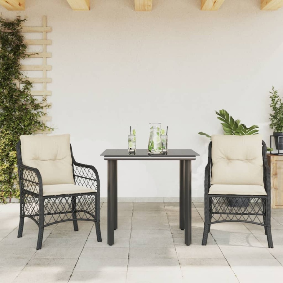 Set bistro cu perne, 3 piese, negru, poliratan