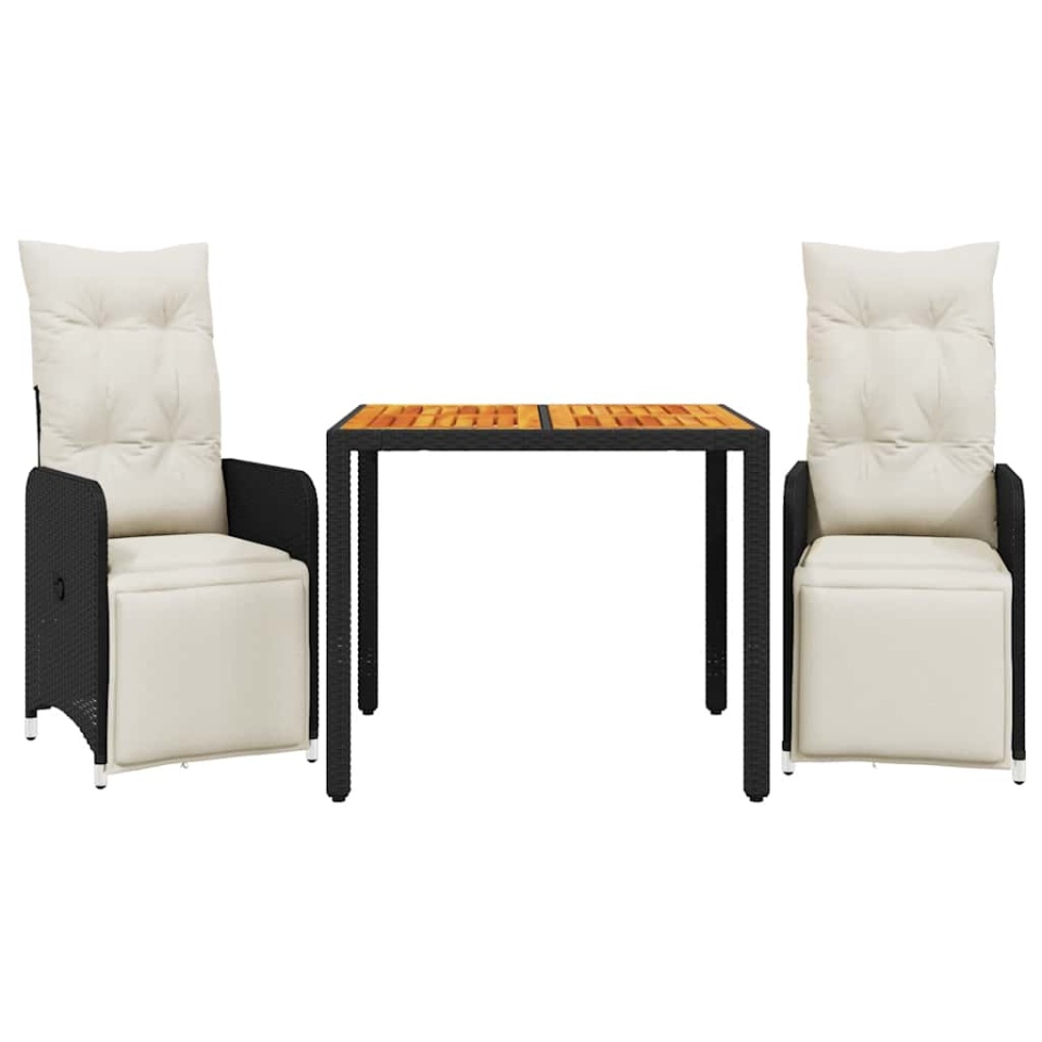 Set bistro de grădină cu perne, 3 piese, negru, poliratan - 1 | YEO