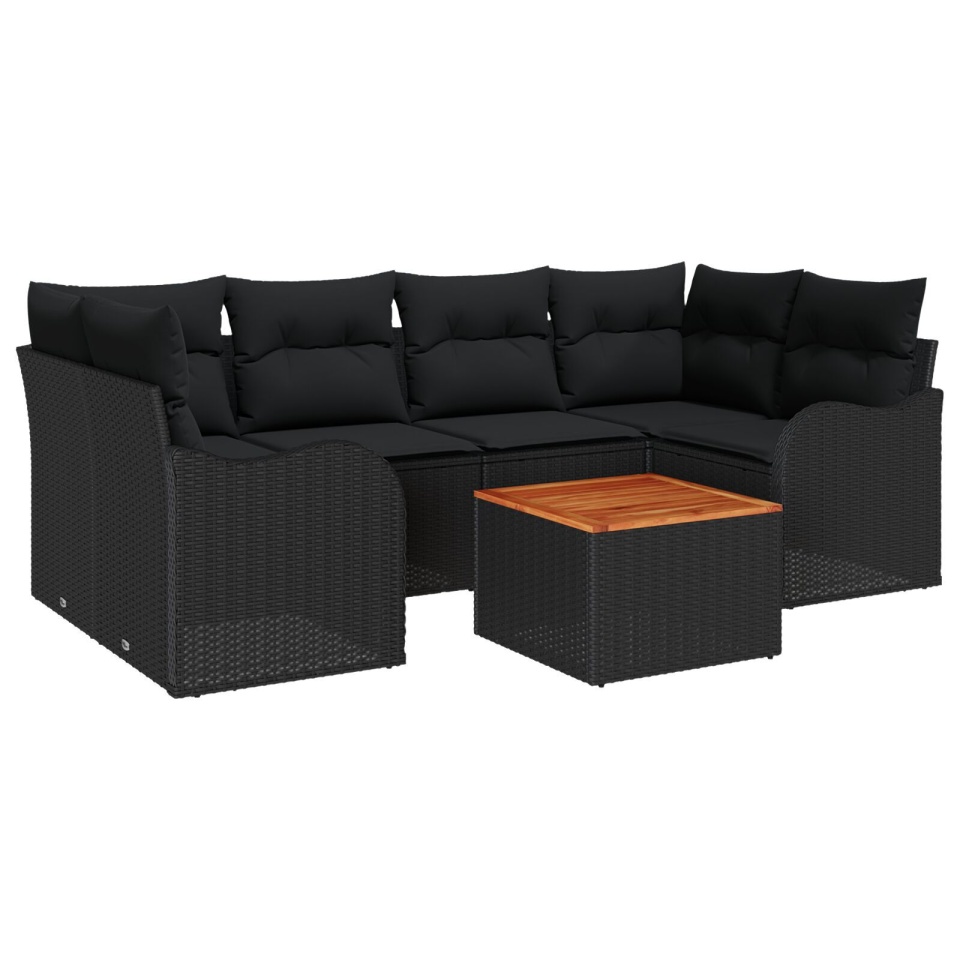 Set canapea de grădină de 7 piese cu perne Negru Ratan poli Acacia, Canapea de grădină pentru două persoane cu depozitare & perne Negru Ratan poli - 1 | YEO