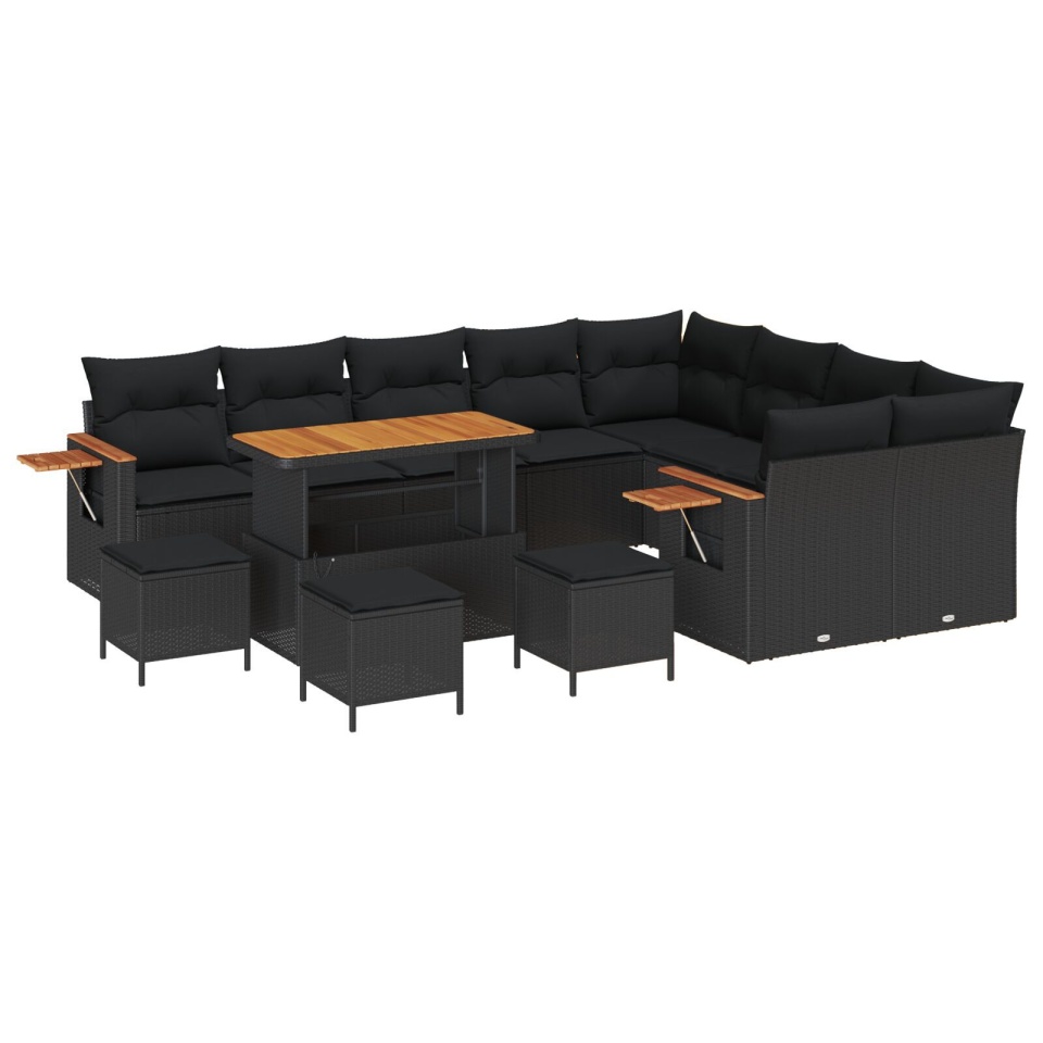 Set Canapea Grădină 13 Piese cu Perne Negru Rattan Poliratan Acacia, Set Dining Grădină 4 Piese cu Perne Negru Rattan Poliratan Acacia - 1 | YEO