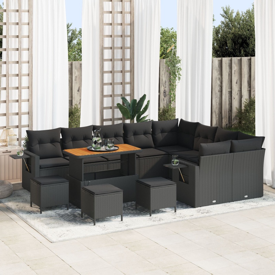 Set Canapea Grădină de 13 Piese cu Perne Ratan Poli Negru, Set Dining Grădină de 4 Piese cu Perne Ratan Poli Negru
