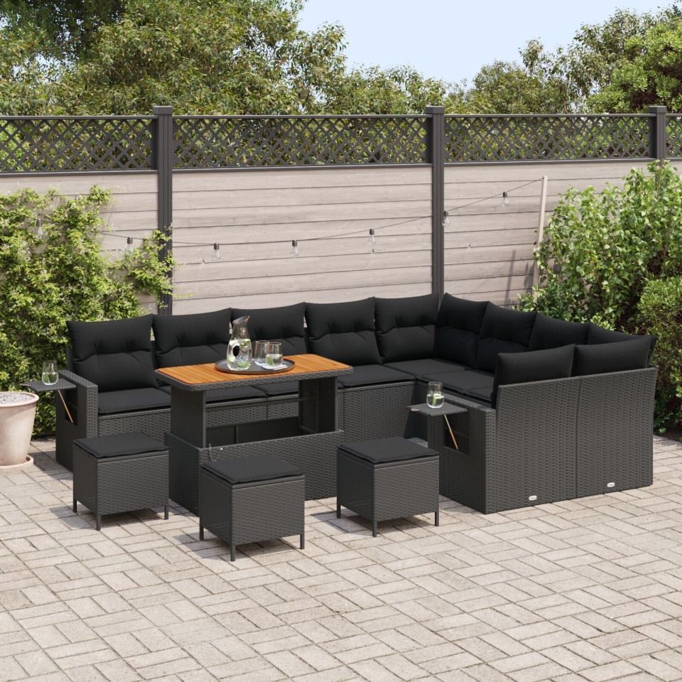 Set Canapea Grădină de 13 Piese cu Perne Ratan Poli Negru, Set Dining Grădină de 4 Piese cu Perne Ratan Poli Negru - 2 | YEO
