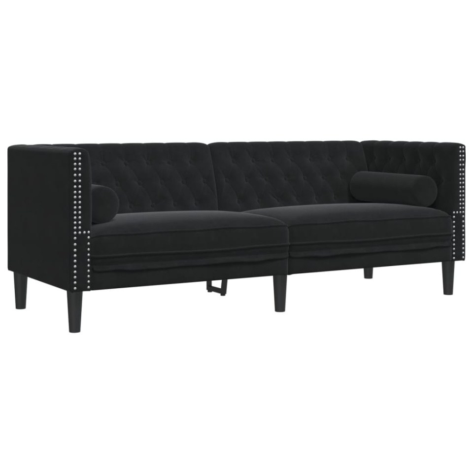 Set canapele Chesterfield cu perne rulou 2 piese negru catifea - 3 | YEO