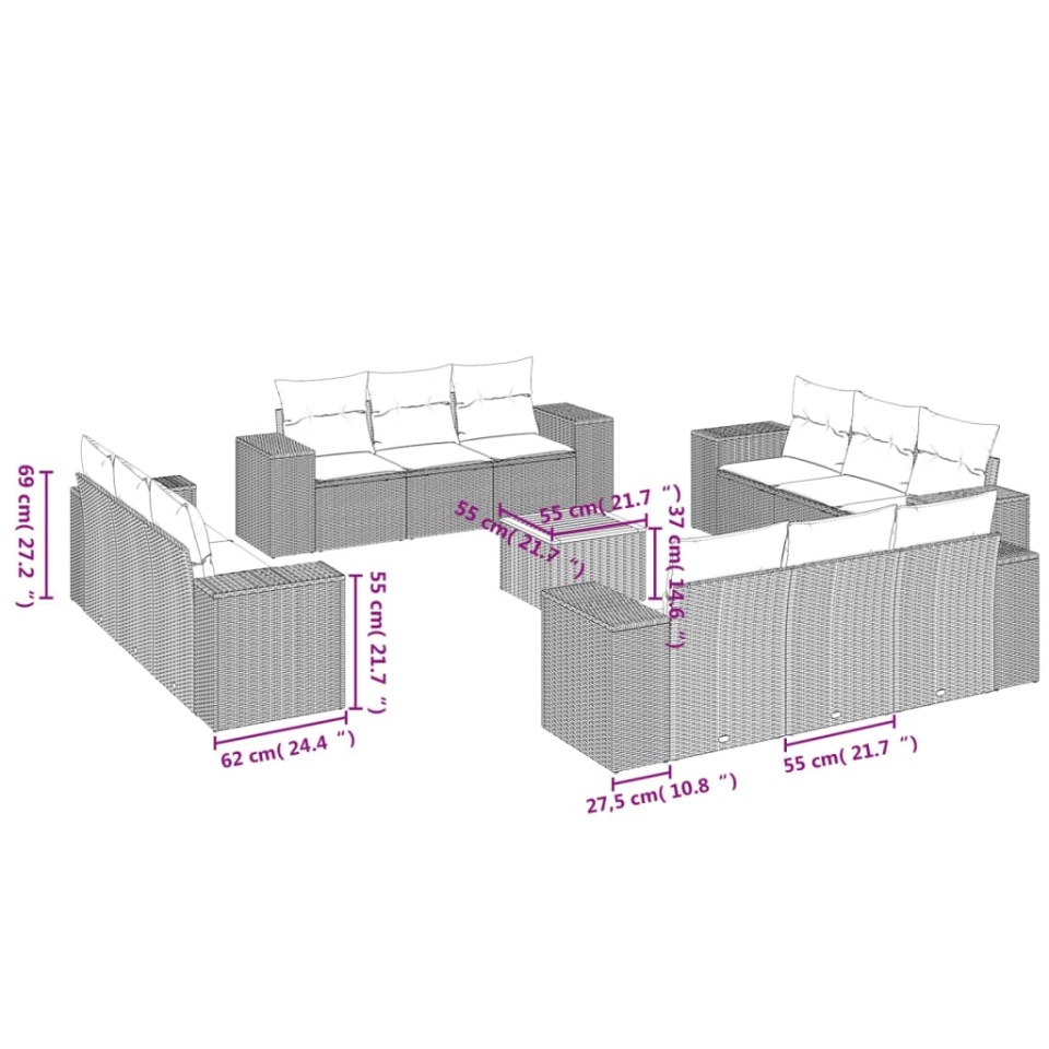 Set canapele de grădină, 13 piese, cu perne, bej, poliratan - 2 | YEO