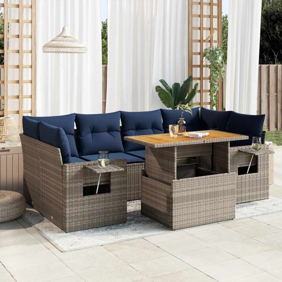 Set canapele de grădină, 7 piese, cu perne, gri, poliratan