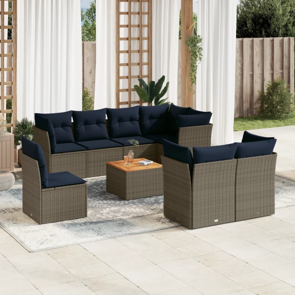 Set canapele de grădină, 9 piese, cu perne, gri, poliratan
