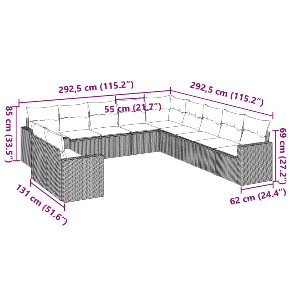 Set canapele de grădină cu perne, 11 piese, maro, poliratan - 2 | YEO