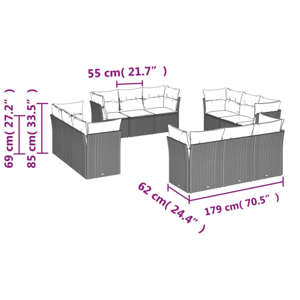 Set canapele de grădină cu perne, 12 piese, bej, poliratan - 2 | YEO