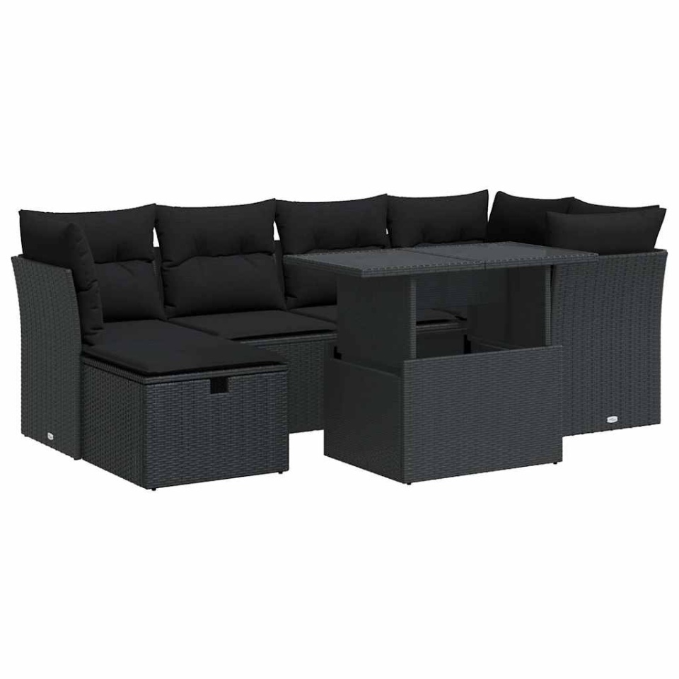 Set canapele de grădină cu perne, 7 piese, negru, poliratan - 1 | YEO