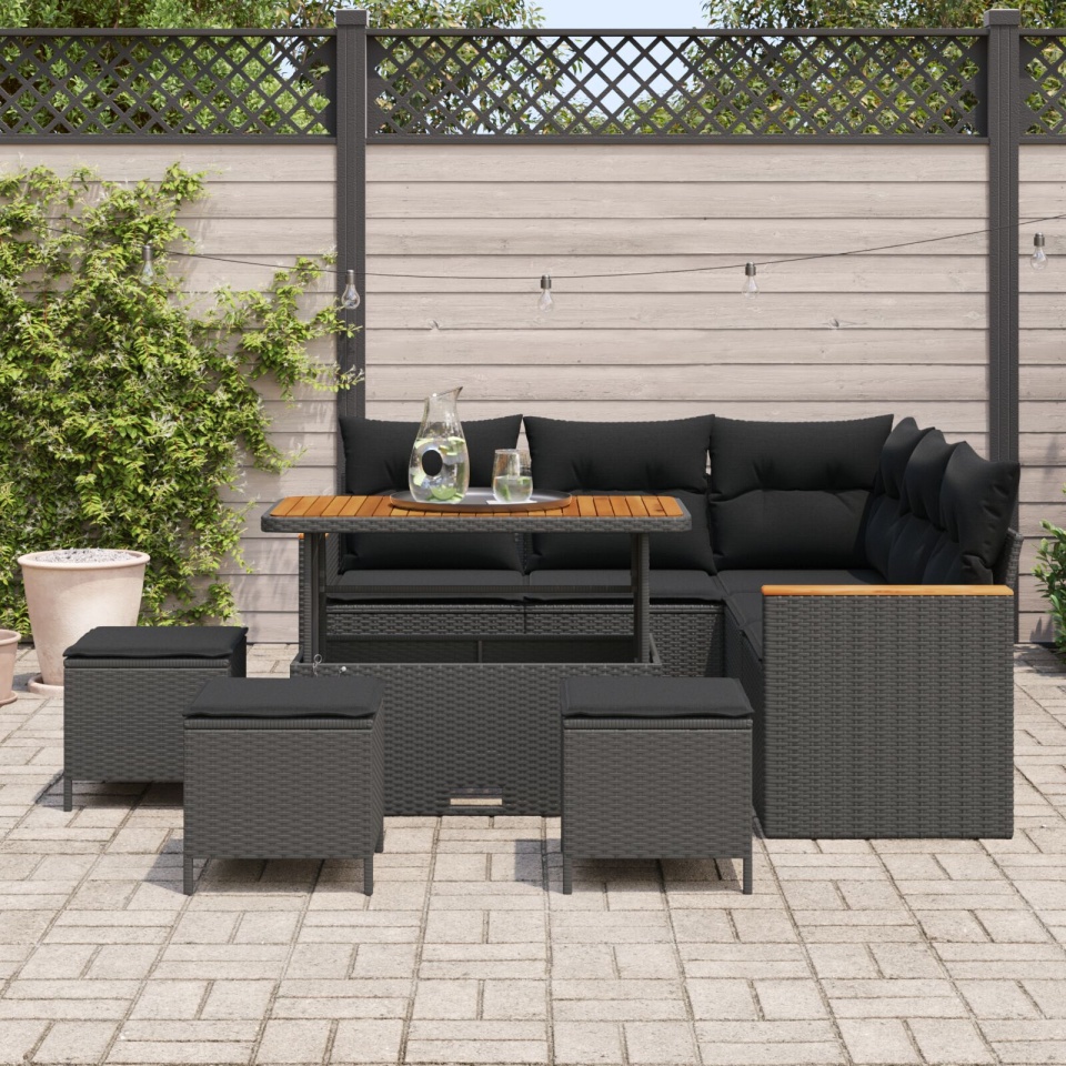Set Canapele Grădină cu Perne Negru Ratan Poli Acacia, Set Dining Grădină cu Perne Negru Ratan Poli Acacia - 2 | YEO
