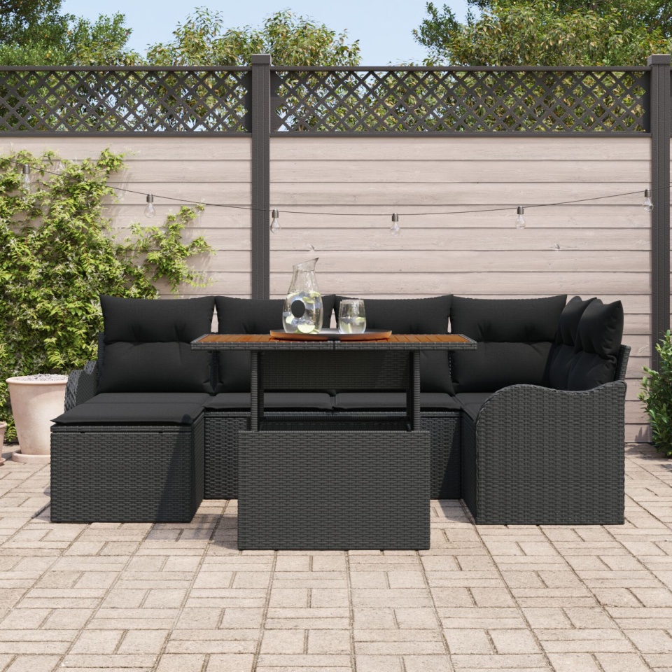 Set de 7 Piese Sofa Grădină cu Pernuțe Negru din Ratan Polimer Acacia, Sofa Grădină cu 2 Locuri și Pernuțe Negre din Ratan Polimer - 2 | YEO