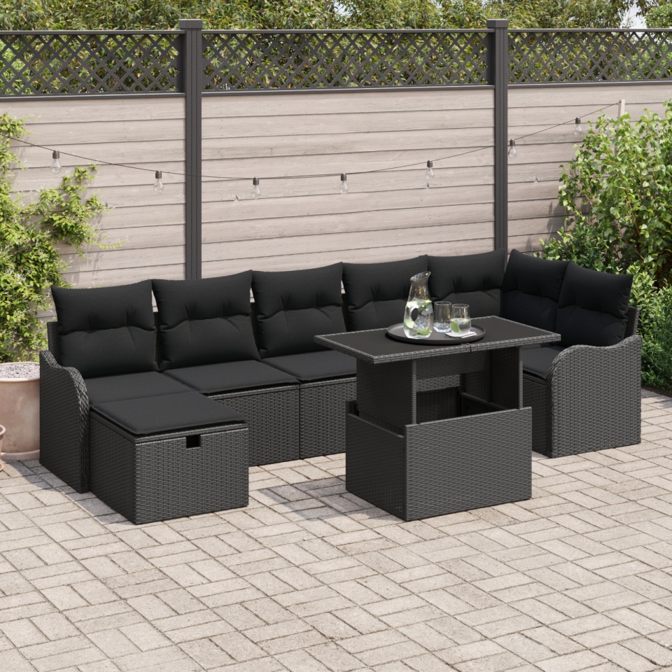 Set de 8 piese pentru canapea de grădină cu perne Ratan Negru Poly, Canapea de grădină cu 2 locuri și depozitare & perne Ratan Negru Poly