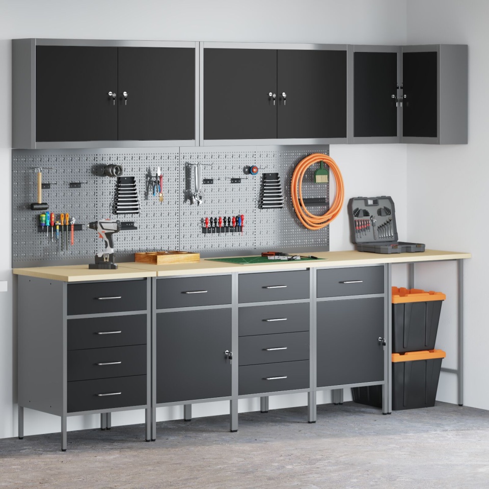 Set de Birou și Panou cu Umerașe 12 Piese Negru MDF și Metal