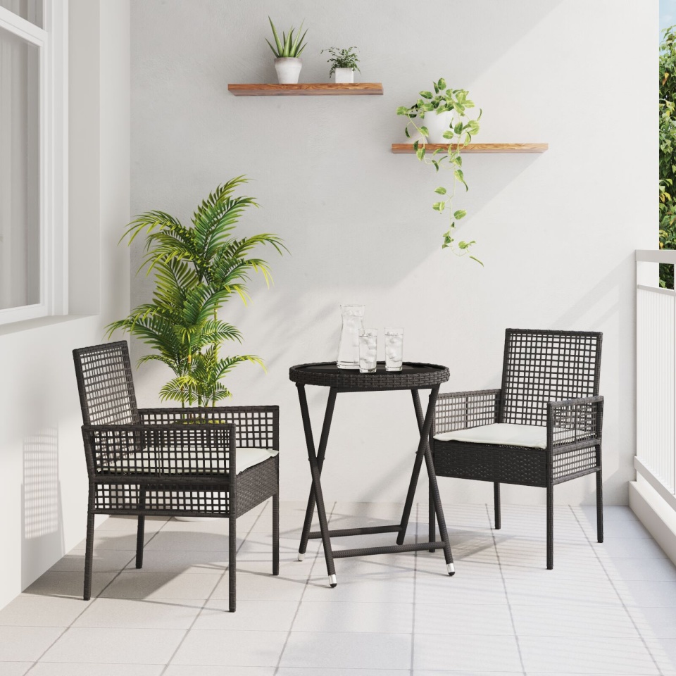 Set de Bistro pentru Grădină cu 3 Piese și Perne Negru Poly Rattan