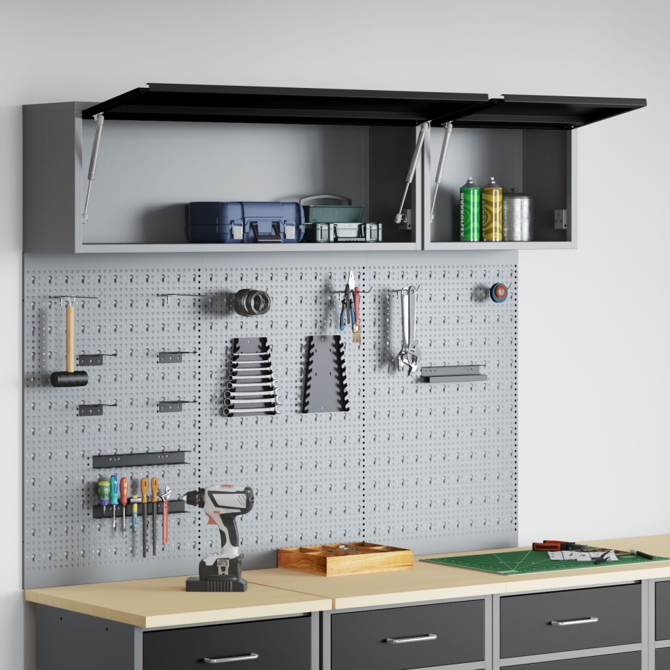 Set de Cabinet pentru Unelte și Panou cu Cuie 5 Piese Montat pe Perete Metal Negru - 3 | YEO