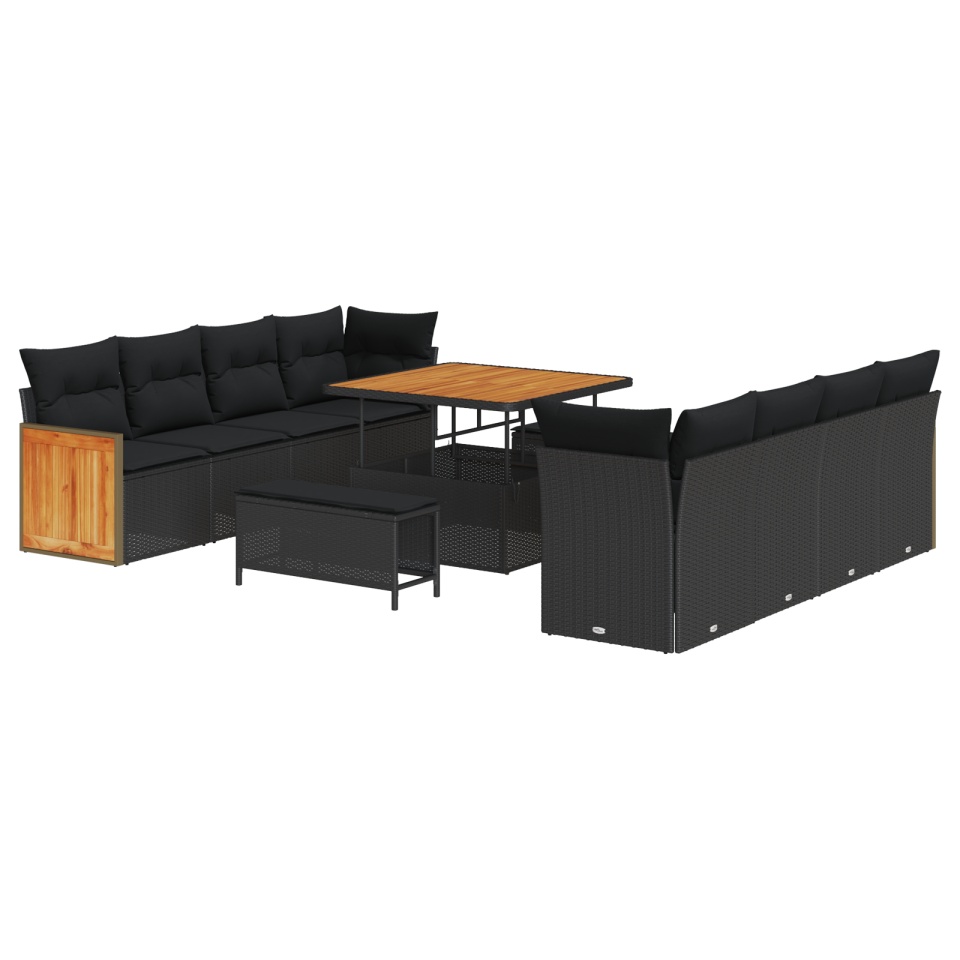 Set de canapea de grădină cu 11 piese și perne Negru Poliratan Acacia, Set de dining de grădină cu 3 piese cu perne Negru Poliratan Acacia - 1 | YEO