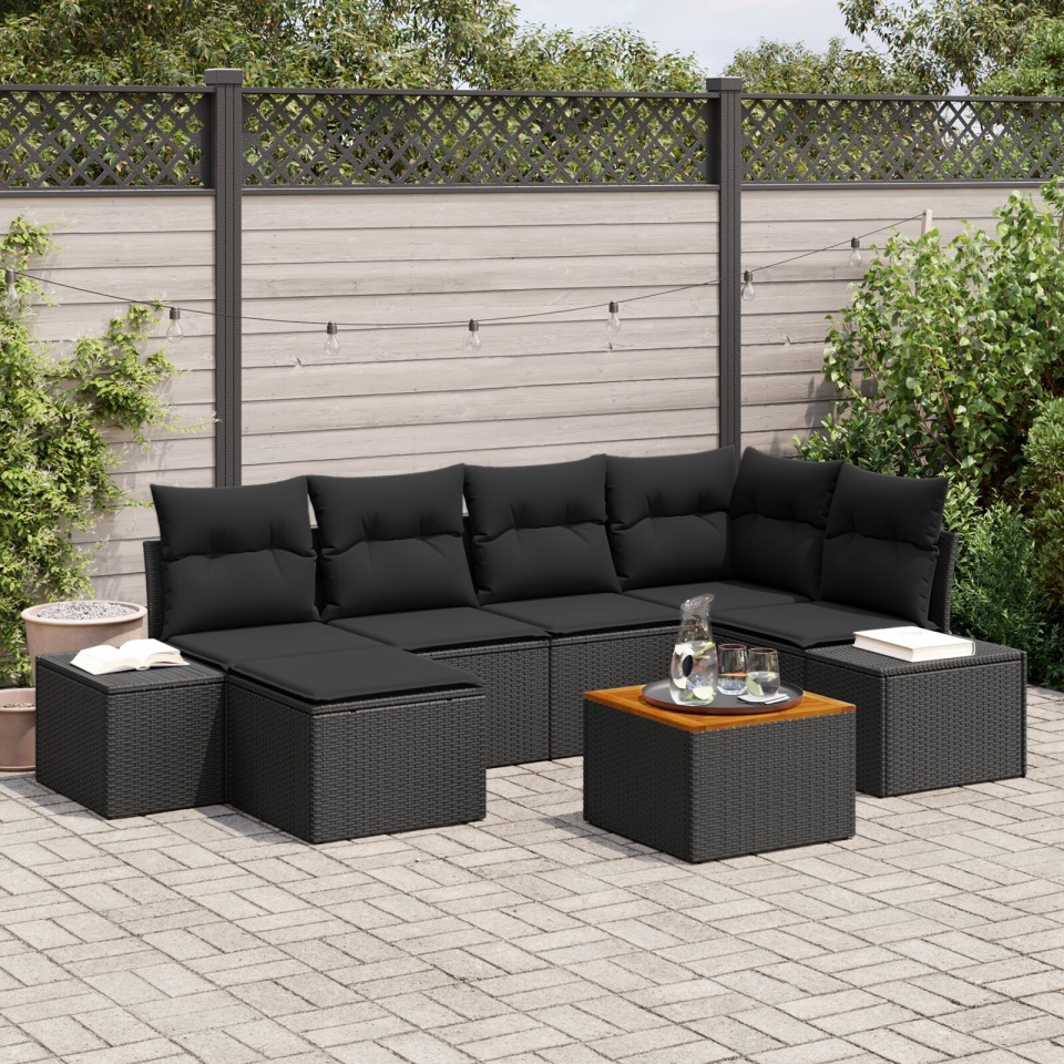 Set de Canapea de Grădină cu Perne Negru Poliratan Acacia