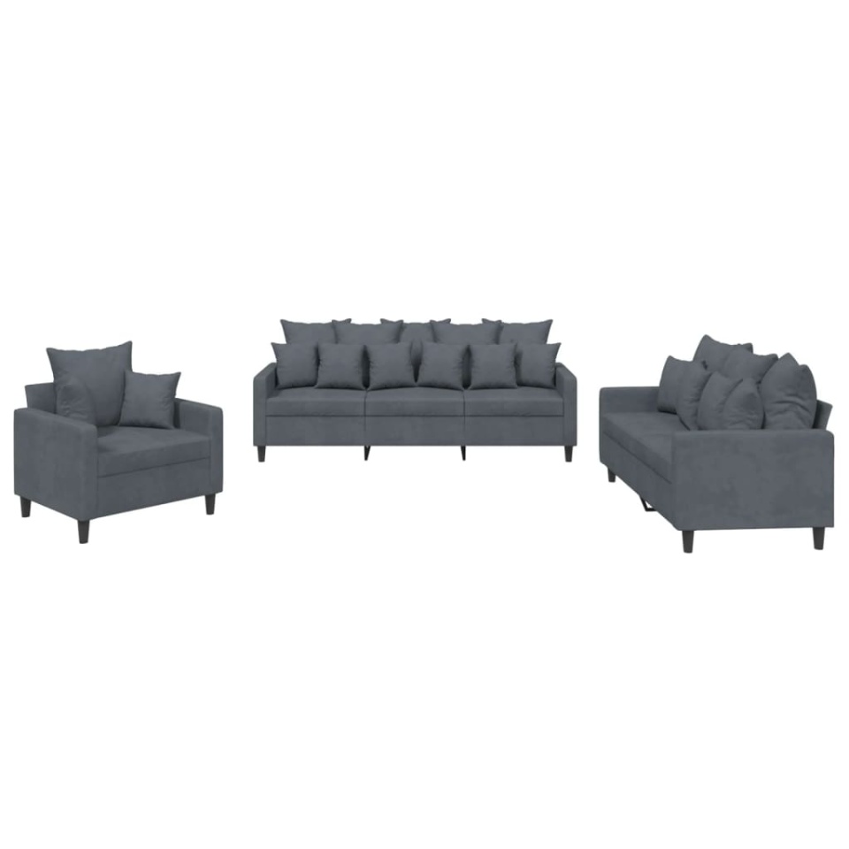 Set de canapele cu perne, 3 piese, gri închis, catifea - 1 | YEO