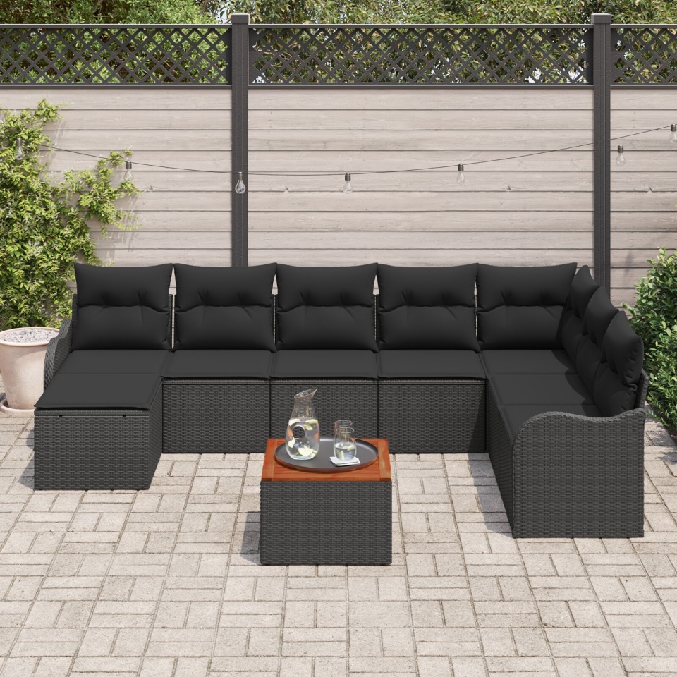 Set de Canapele pentru Grădină 9 Piese cu Perne Negru Ratan Polimer Acacia, Canapea pentru Grădină cu Capacitate de 2 Persoane Negru Ratan Polimer - 2 | YEO