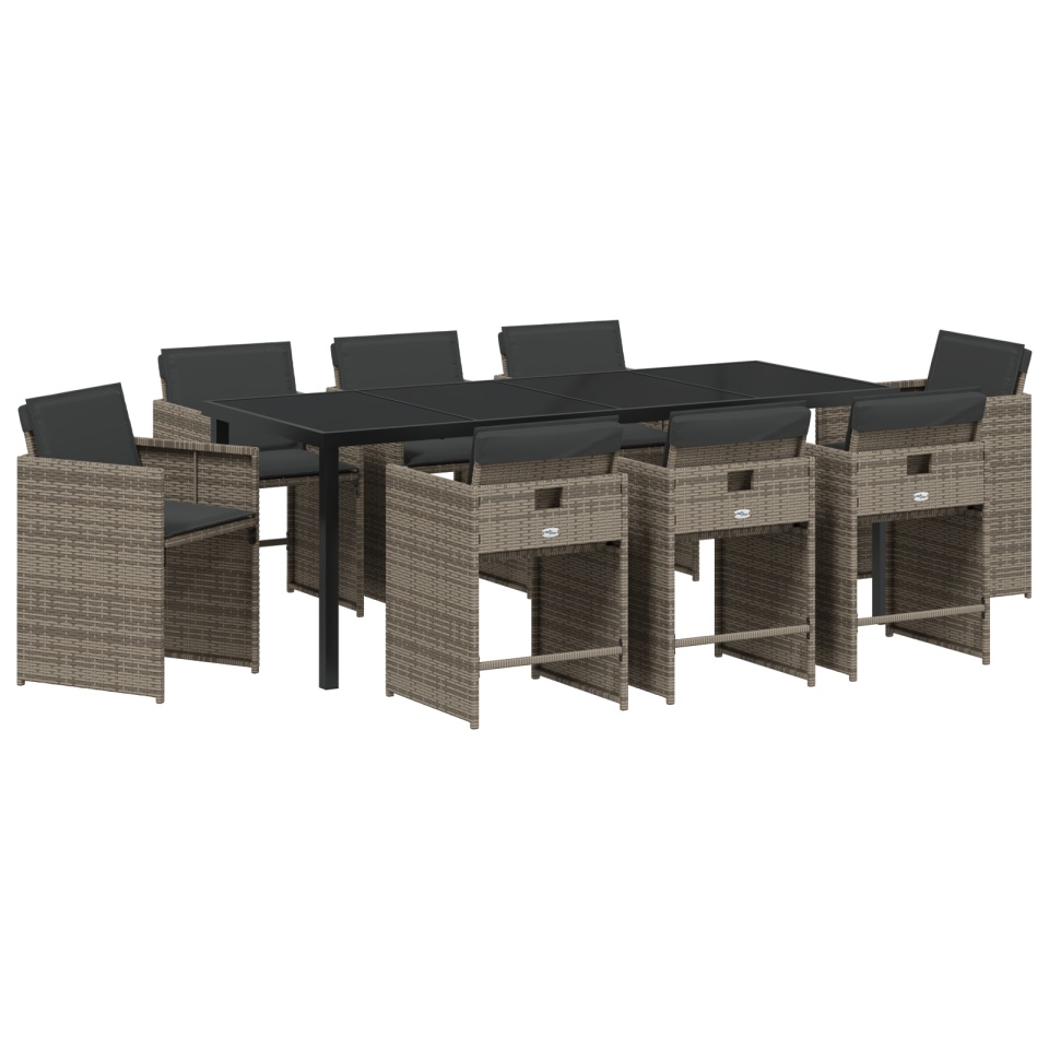 Set de dining în grădină cu 9 piese, cu perne, gri, poliratan - 1 | YEO