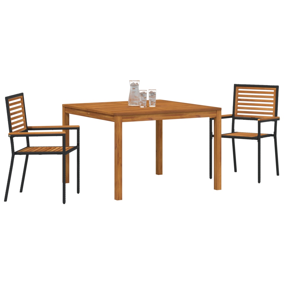 Set de dining pentru grădină 3 piese din poli rattan negru și acacia, Scaune de grădină stivuibile cu perne 2 buc poli rattan negru - 2 | YEO