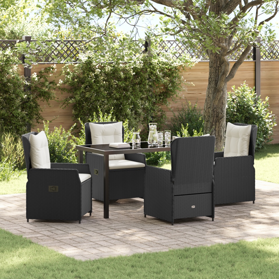 Set de Dining pentru Grădină 5 Piese Negru Poli Ratan, Masă de Grădină Neagră 140x80x73 cm Sticlă Securizată