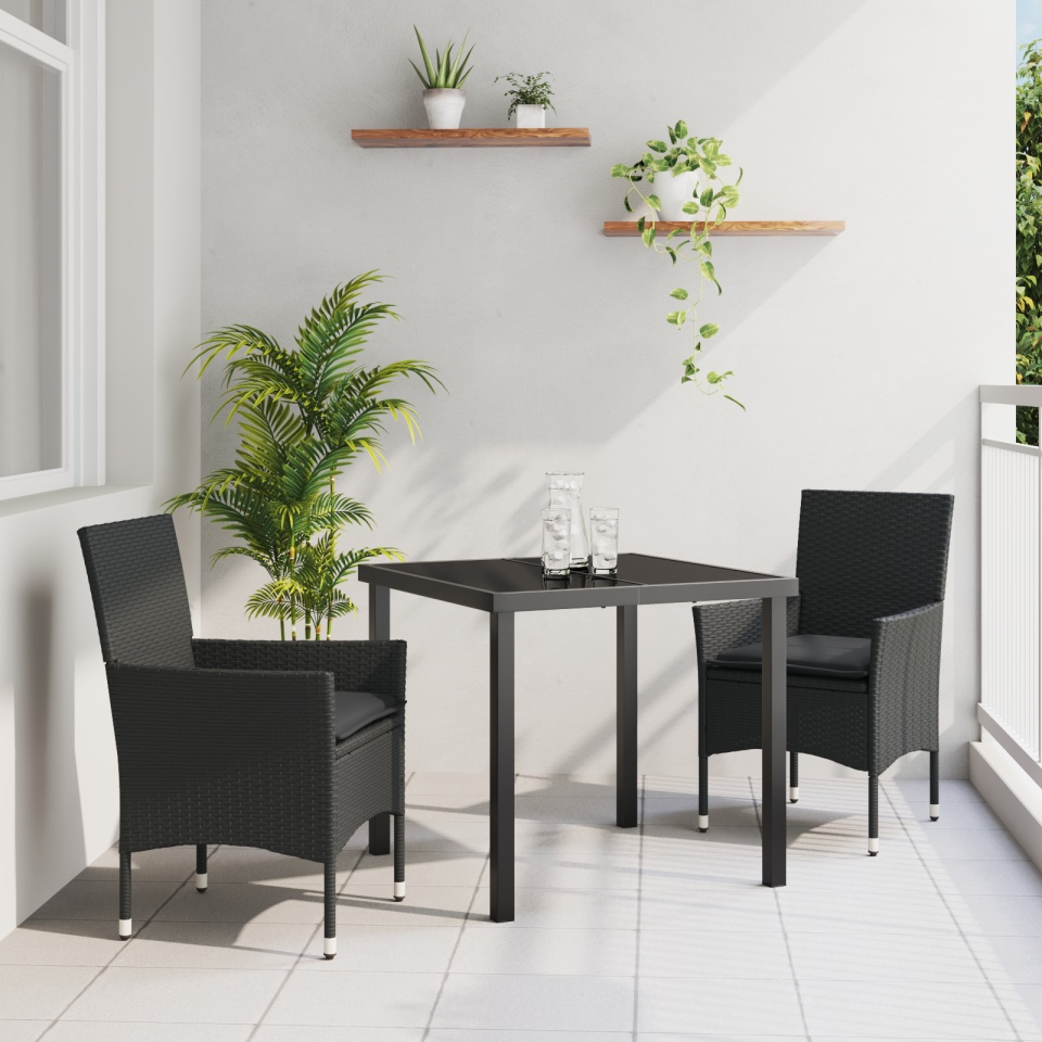 Set de Dining pentru Grădină cu Perne Poliratan Negru, Masă de Grădină Neagră 80x80x73 cm Sticlă Temperată