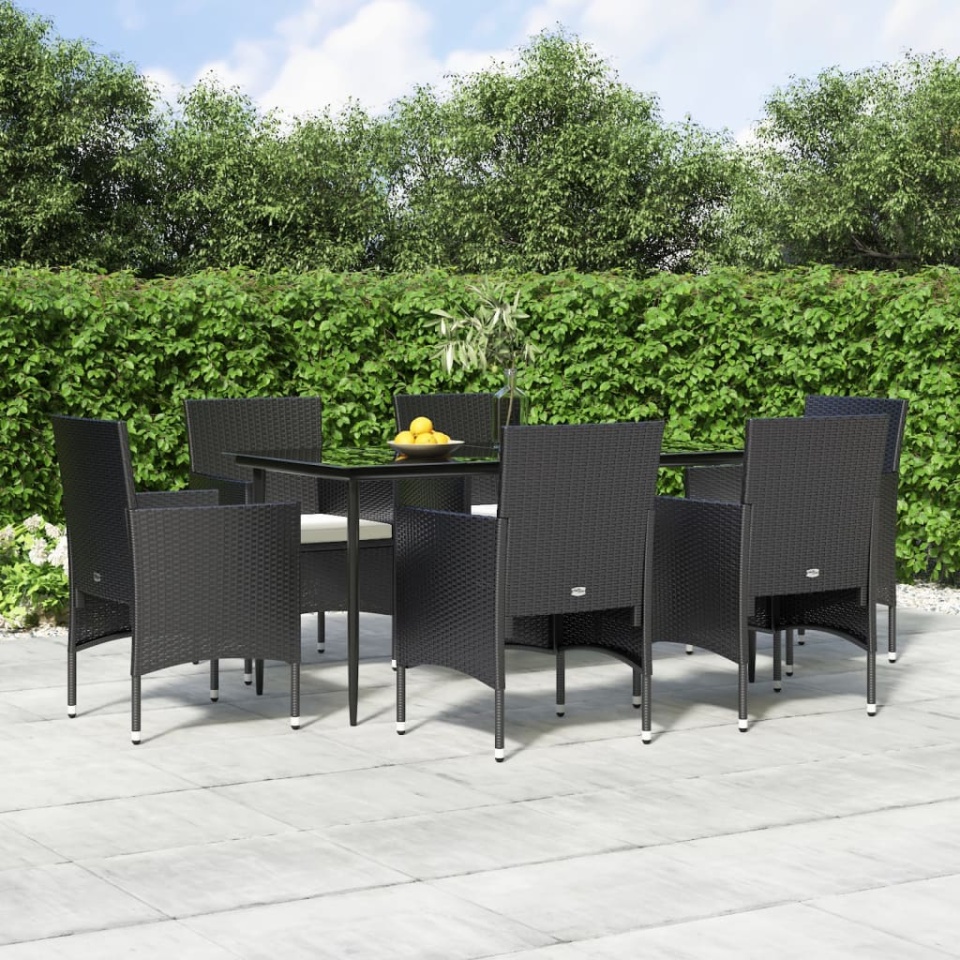 Set de masă pentru grădină, 7 piese, cu perne, negru