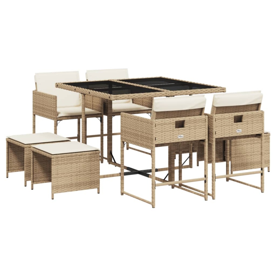 Set de masă pentru grădină, 9 piese, cu perne, bej, poliratan - 1 | YEO