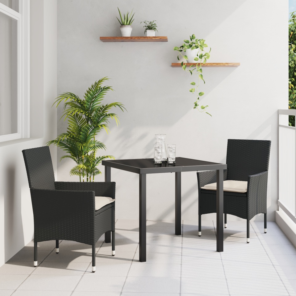 Set de Masă pentru Grădină cu Perne Ratan Sintetic Negru, Masa Neagră 80x80x73 cm cu Sticlă Temperată