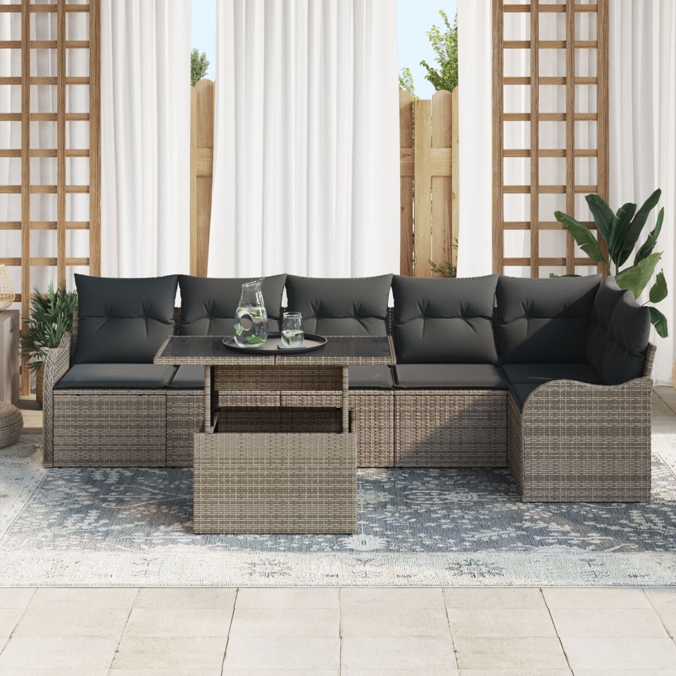 Set de Sofa de Grădină 7 Piese cu Perne Gri Poliratan, Sofa de Grădină 2-Seater cu Perne Gri Poliratan - 2 | YEO