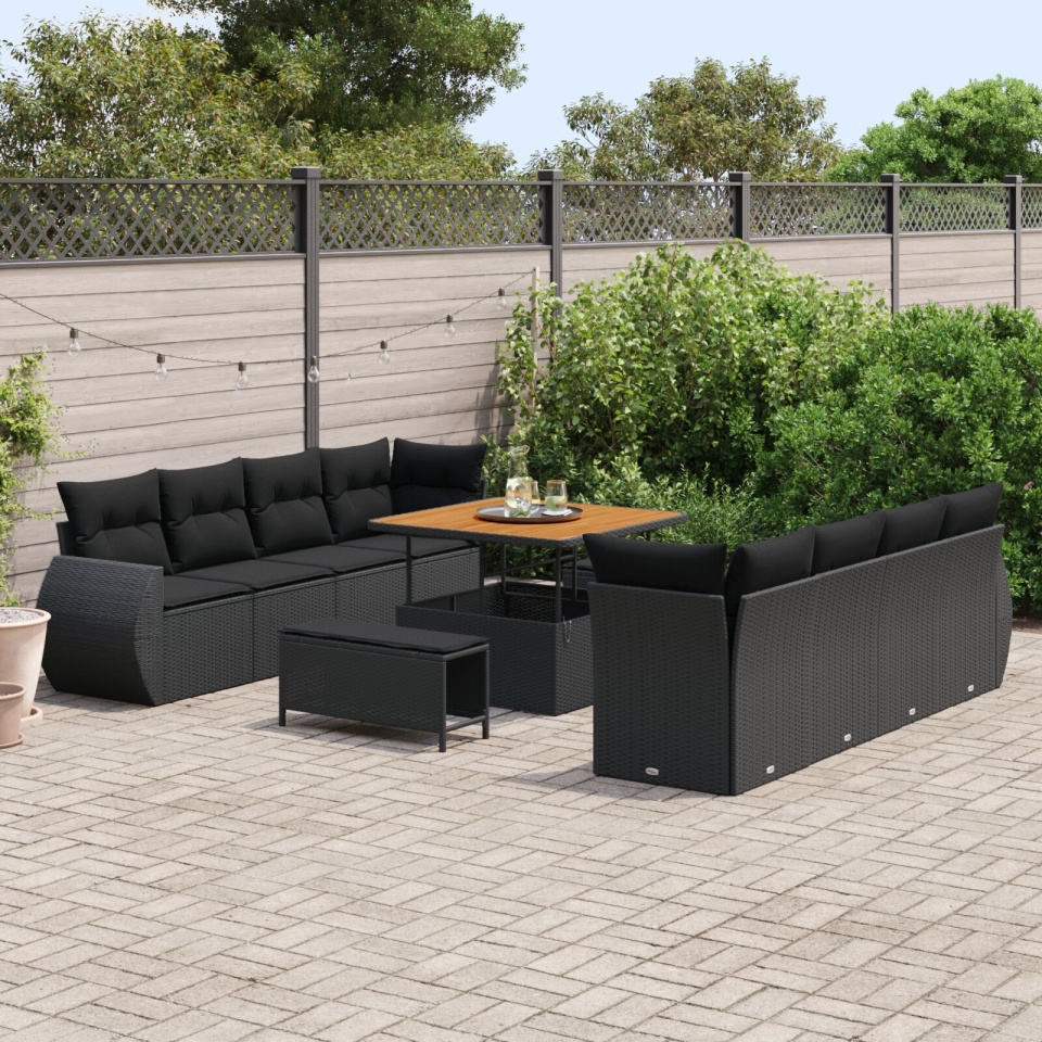 Set de Sofa de Grădină cu 11 Piese și Perne Negru Poliratan Acacia, Set de Dining de Grădină cu 3 Piese și Perne Negru Poliratan Acacia - 2 | YEO
