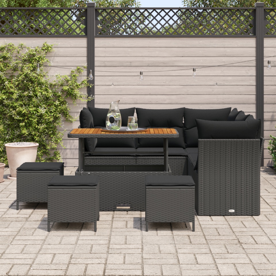 Set de sofa de grădină cu 9 piese și perne Negru Ratan Poli Acacia, Set de dining de grădină cu 4 piese și perne Negru Ratan Poli Acacia - 2 | YEO