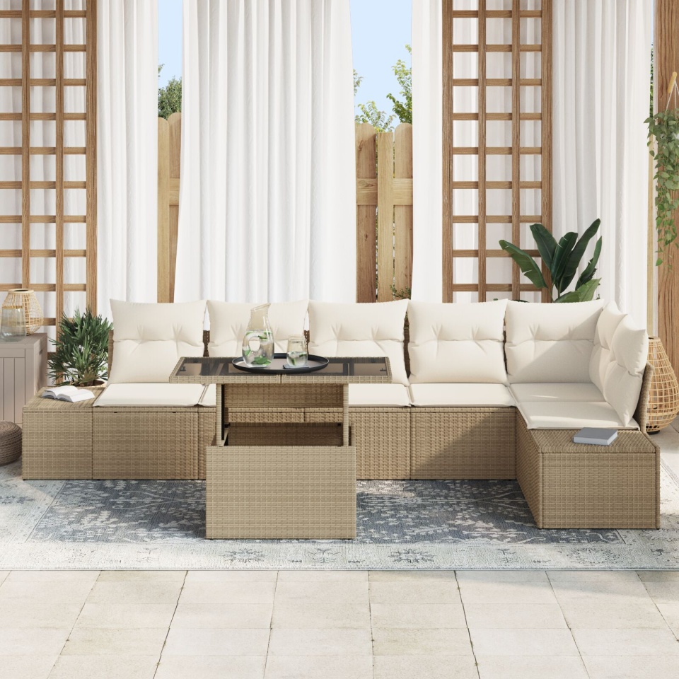 set de sofa de grădină cu perne în bej din ratan poli - 2 | YEO