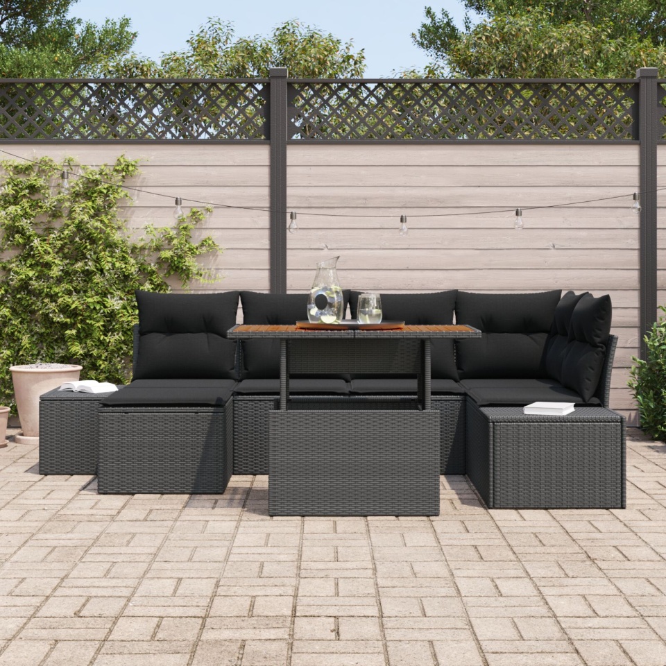 Set de Sofa de Grădină Set de 7 Negru Poliratan, Sticlă Securizată - 2 | YEO