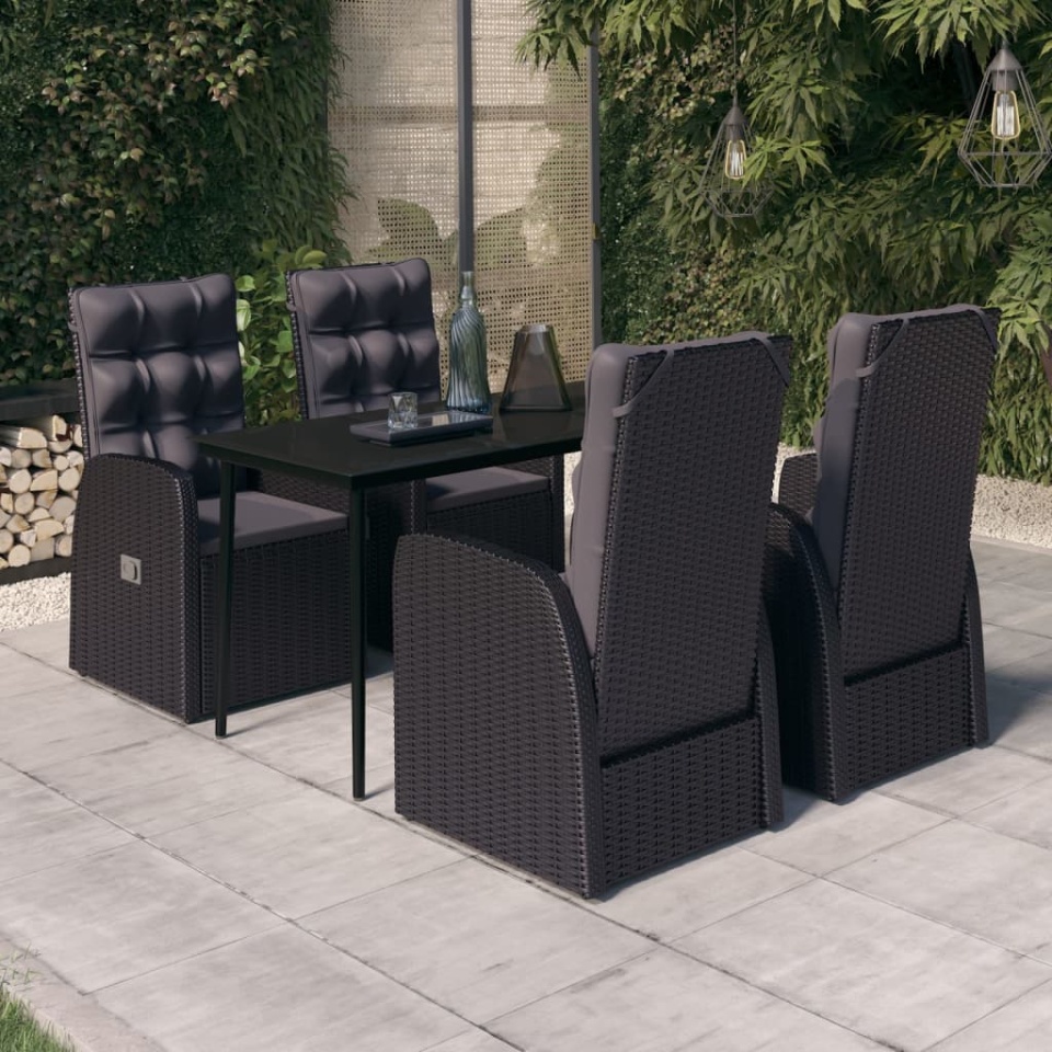 Set masă pentru grădină, 5 piese, cu perne, negru