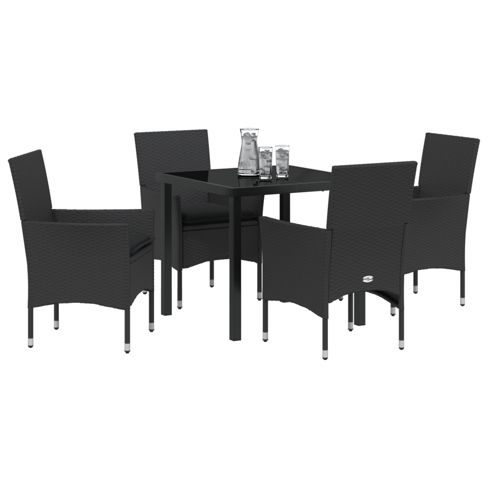 Set mese grădină 5 piese cu perne rattan sintetic negru, Masă grădină neagră 80x80x73 cm cu sticlă securizată - 2 | YEO