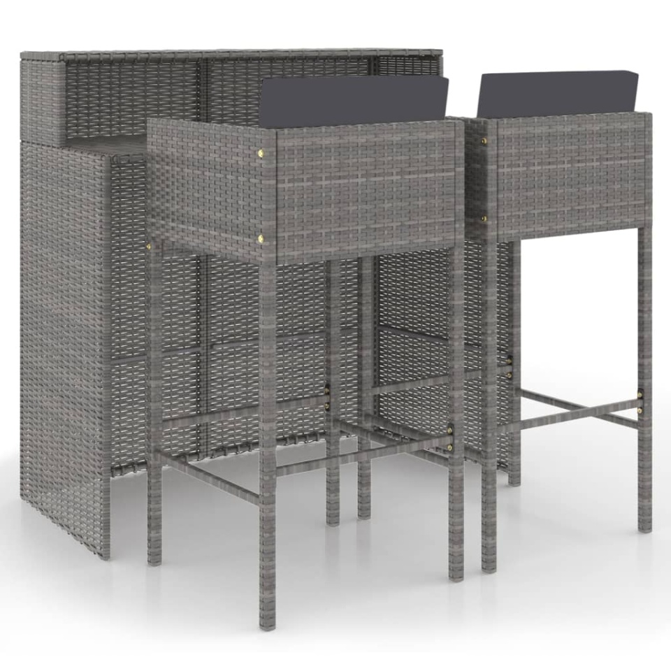 Set mobilier bar de grădină, cu perne, 3 piese, gri, poliratan - 1 | YEO