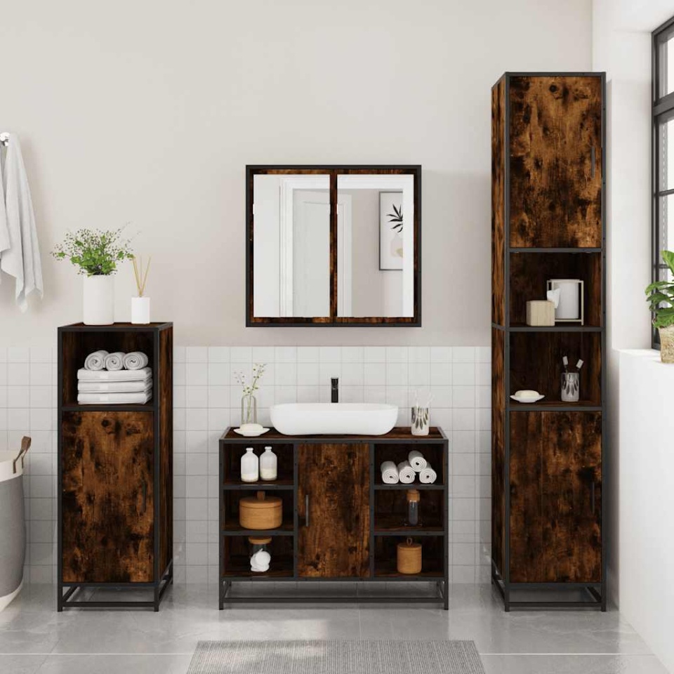 Set mobilier de baie, 3 piese, stejar fumuriu, lemn prelucrat - 2 | YEO