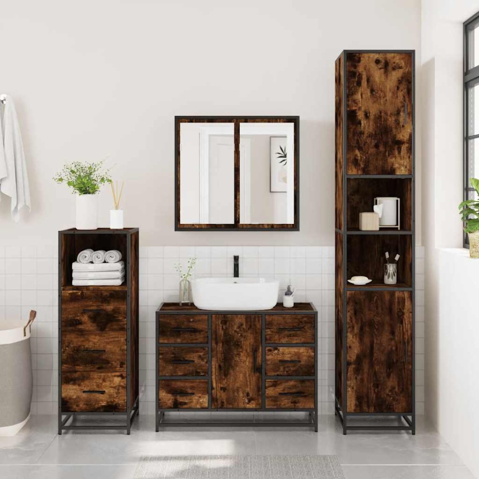 Set mobilier de baie, 3 piese, stejar fumuriu, lemn prelucrat - 2 | YEO