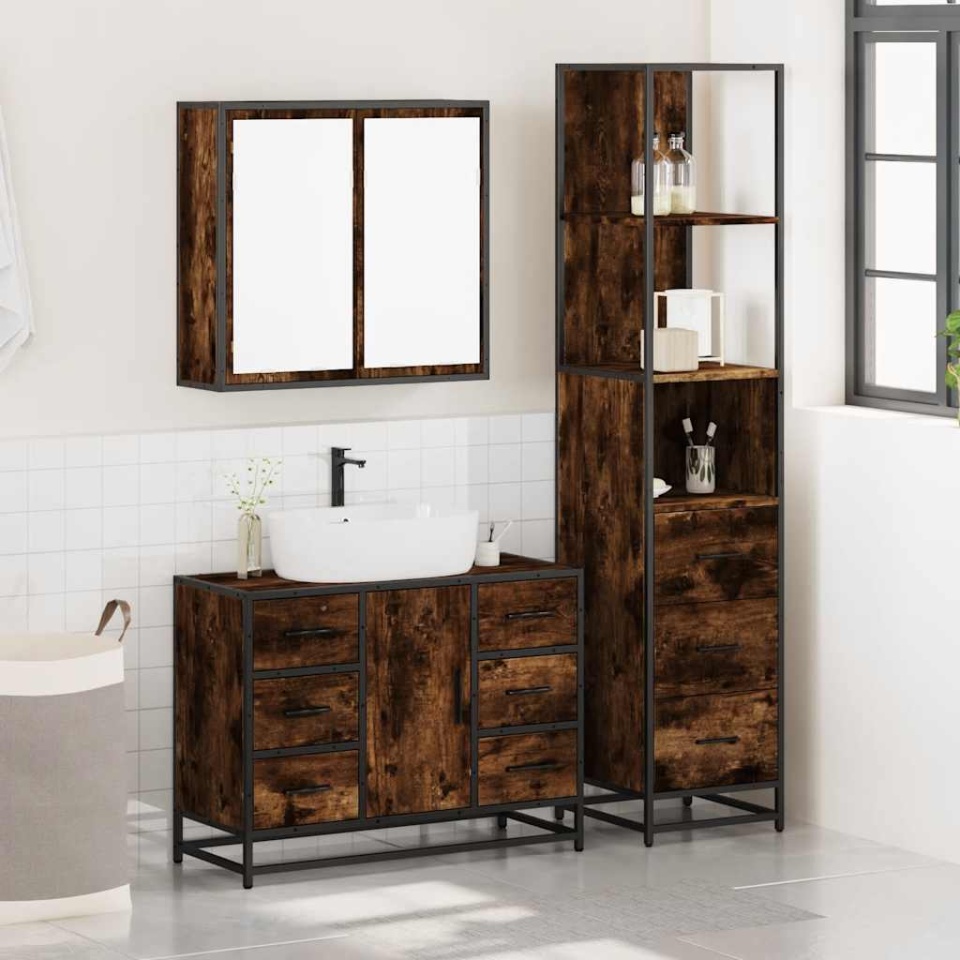 Set mobilier de baie, 3 piese, stejar fumuriu, lemn prelucrat - 2 | YEO