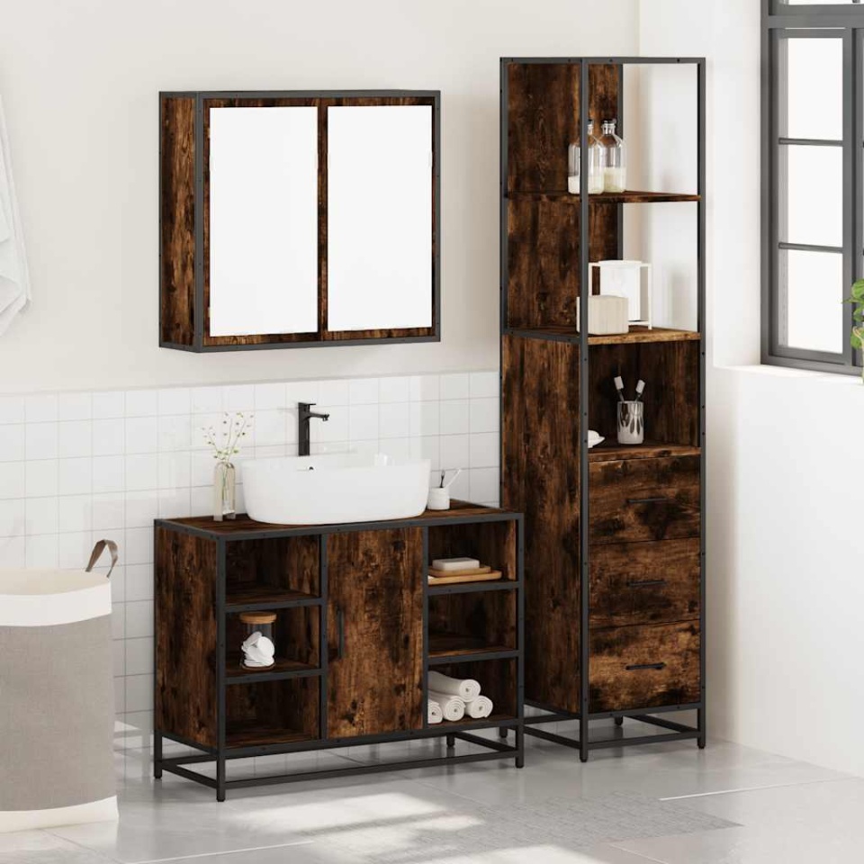 Set mobilier de baie, 3 piese, stejar fumuriu, lemn prelucrat - 2 | YEO