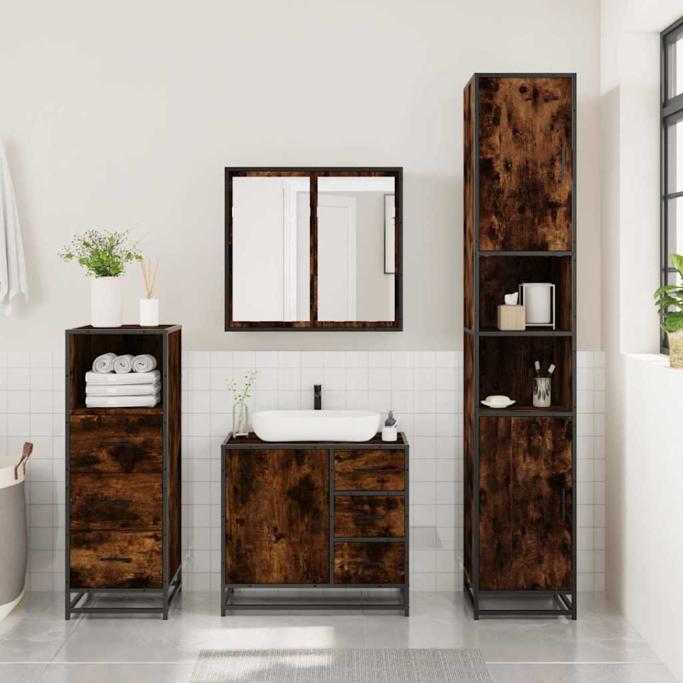 Set mobilier de baie, 3 piese, stejar fumuriu, lemn prelucrat - 2 | YEO