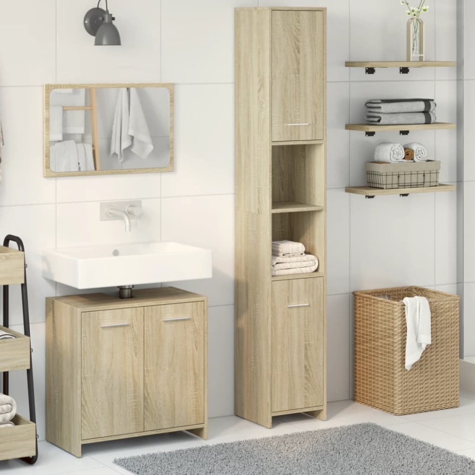 Set mobilier de baie, 3 piese, stejar sonoma, lemn prelucrat - 2 | YEO