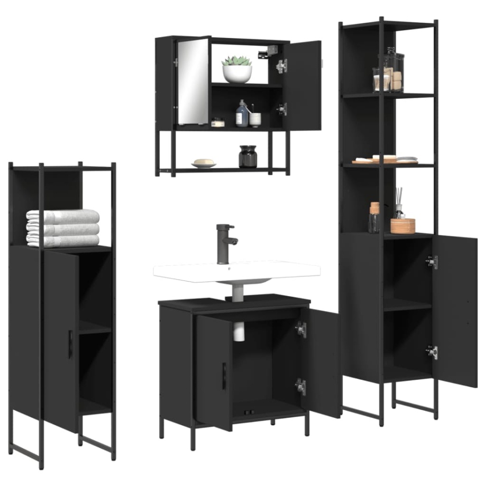 Set mobilier de baie, 4 piese, negru, lemn prelucrat - 3 | YEO
