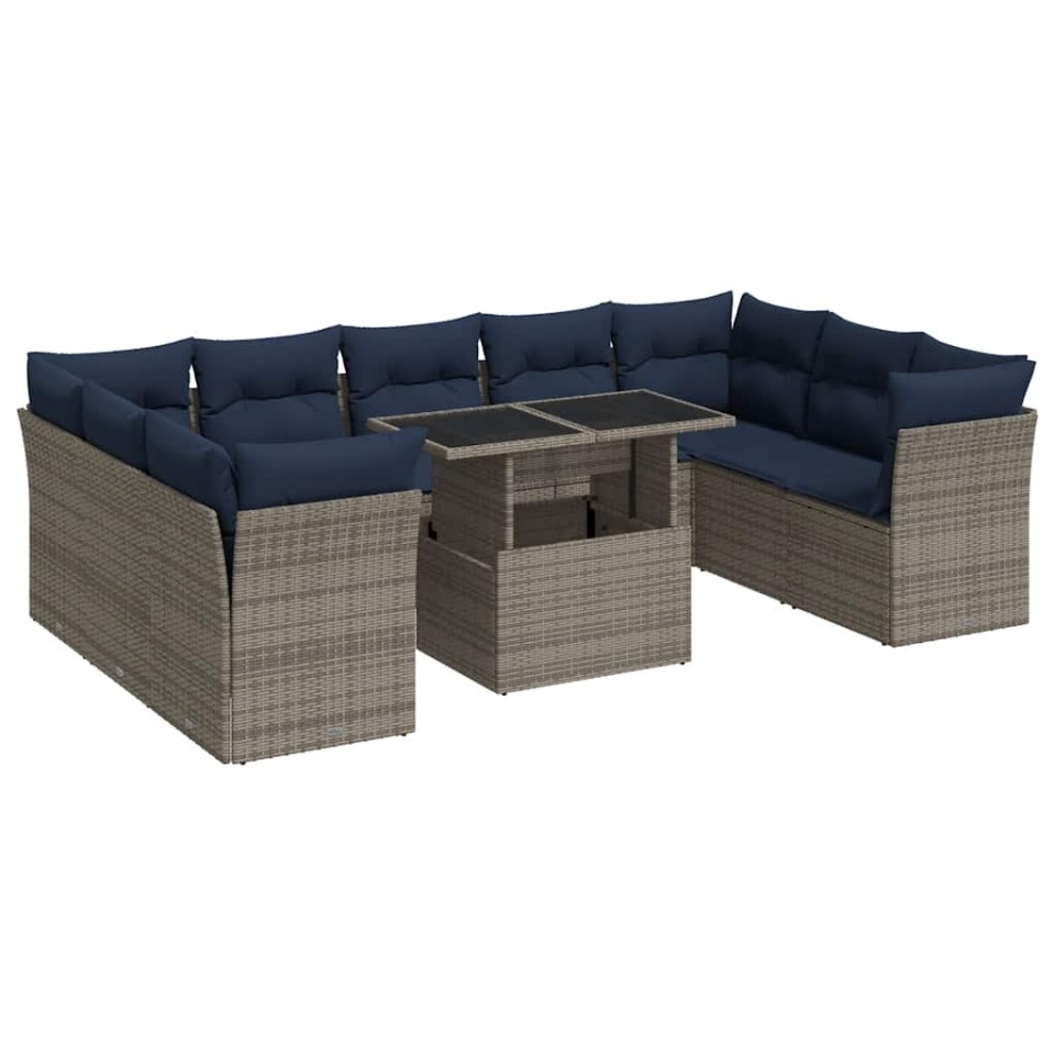 Set mobilier de grădină cu perne, 10 piese, gri, poliratan - 1 | YEO