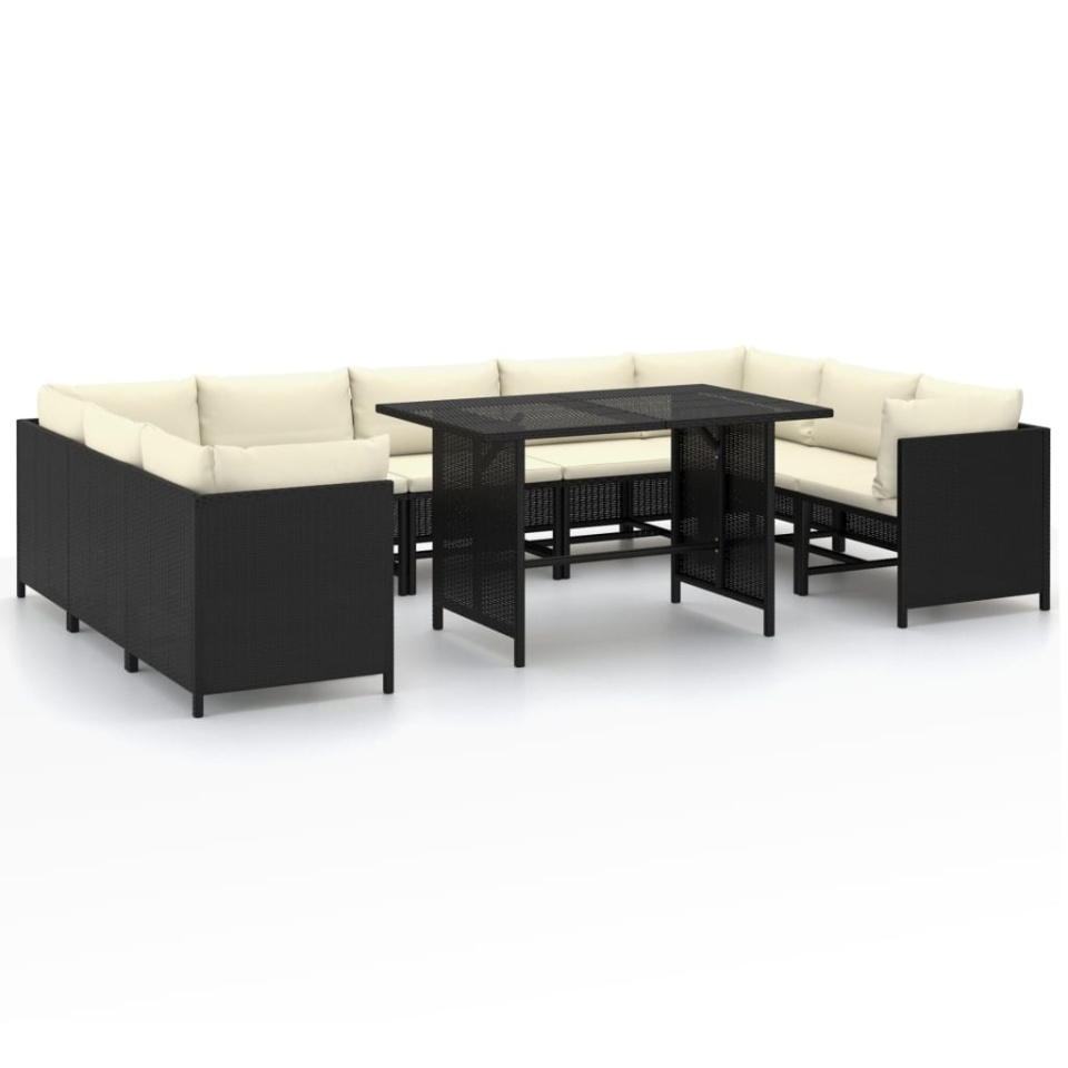Set mobilier de grădină cu perne, 10 piese, negru, poliratan - 1 | YEO