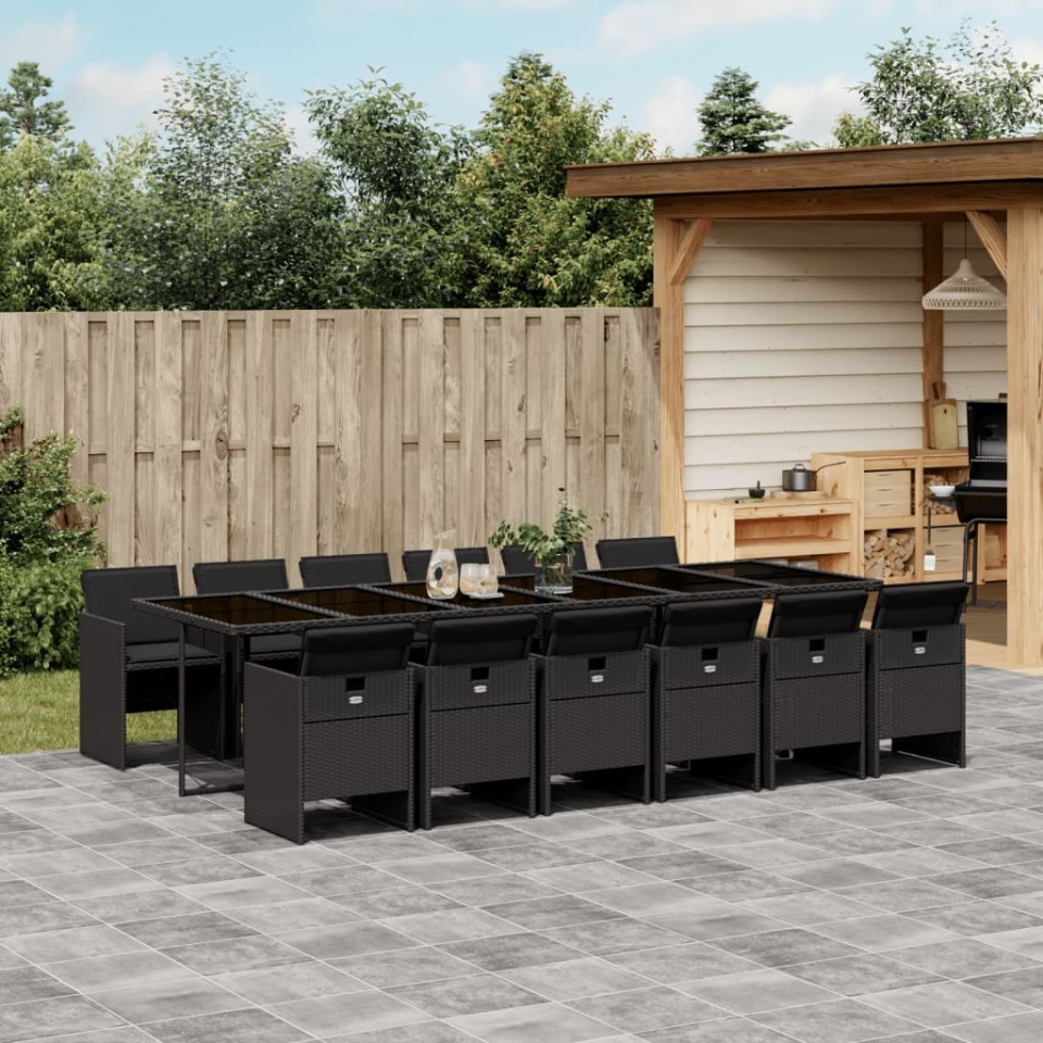 Set mobilier de grădină cu perne, 13 piese, negru, poliratan
