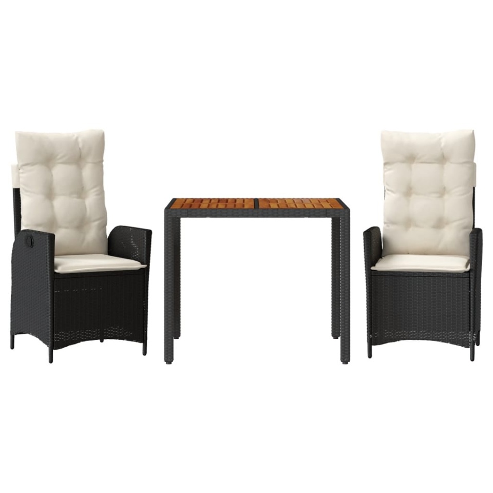 Set mobilier de grădină cu perne, 3 piese, negru, poliratan - 1 | YEO