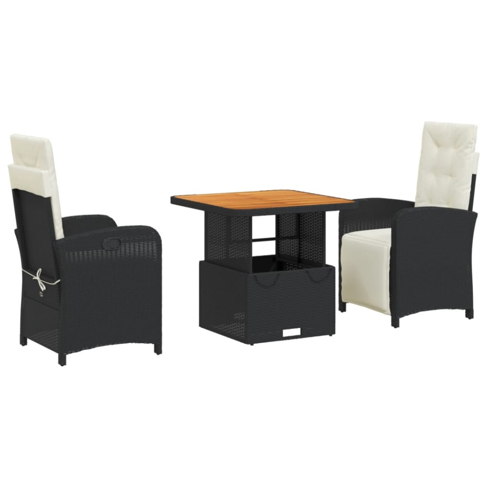 Set mobilier de grădină cu perne, 3 piese, negru, poliratan - 1 | YEO